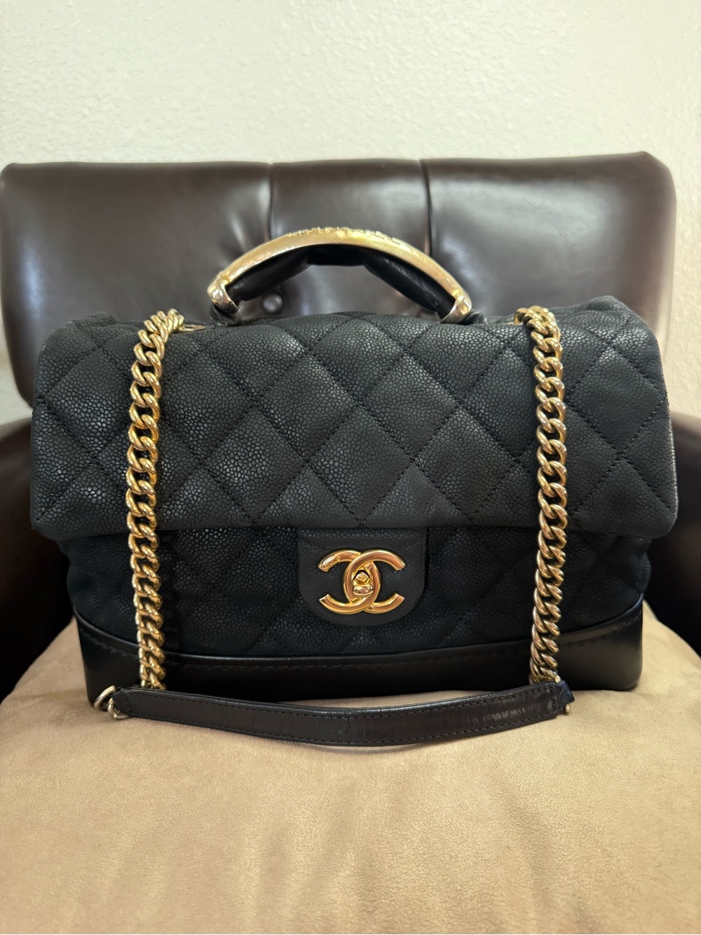 CHANEL Cruise Iridescent Black Caviar Leather Classic Flap Top Handle Kelly Bag